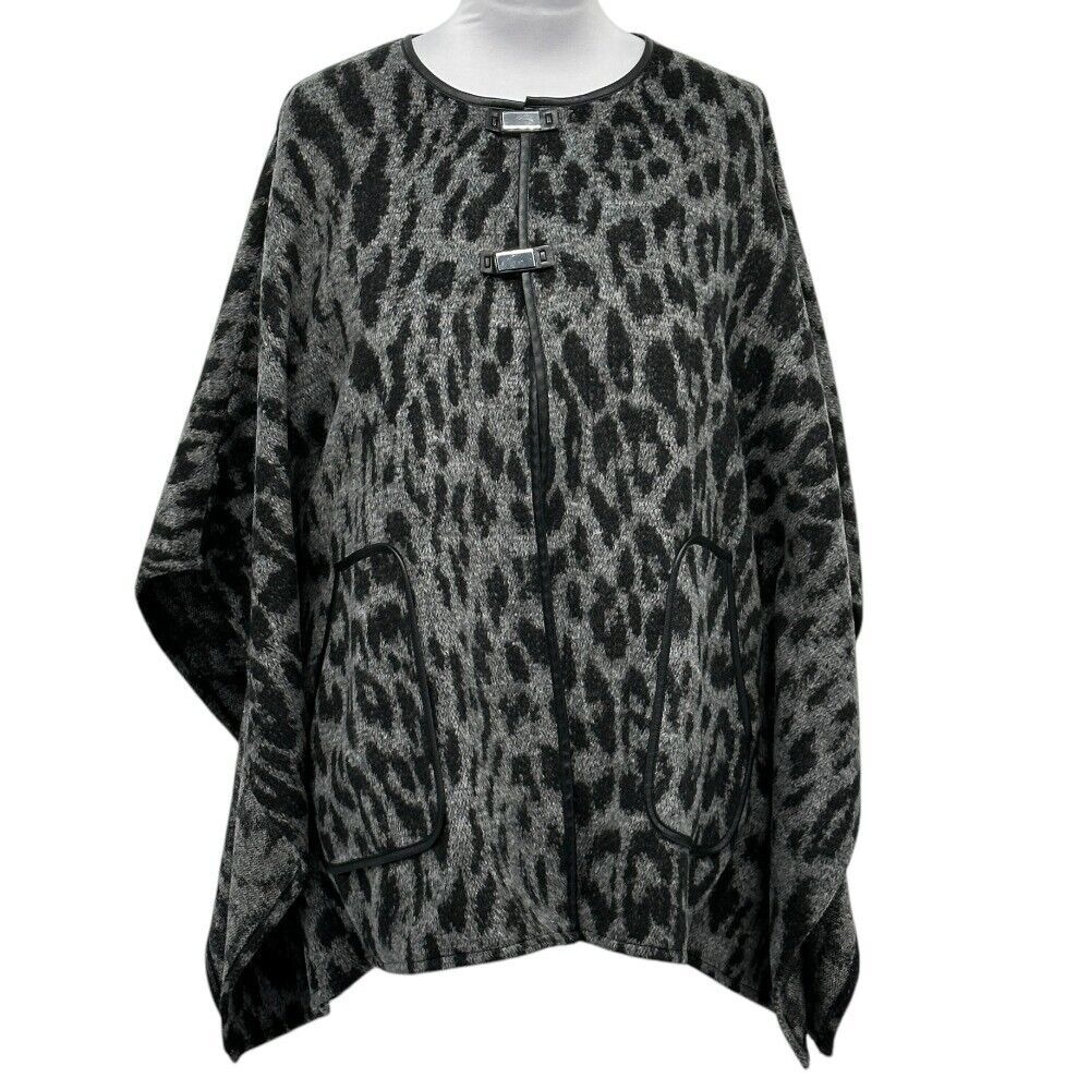 Rafaella Leopard Print Cape Faux Leather Trim Open Front Poncho Gray Black M